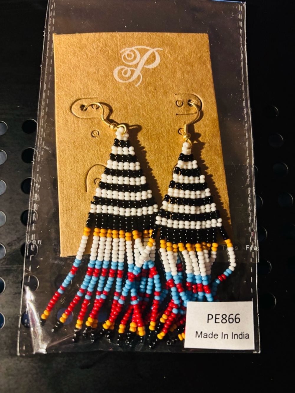 New Plunder Black & White Bead w/Multicolor Fringe Earrings